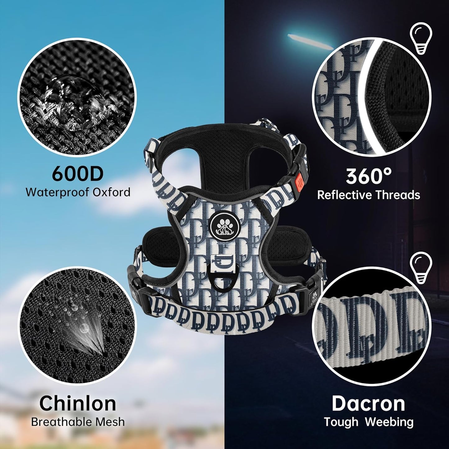 NESTROAD No Pull Dog Harness,Adjustable Oxford Dog Vest Harness with Leash,Reflective No-Choke Pet Harness with Easy Control Soft Handle for Medium Dogs(Medium,Vintage Blue)