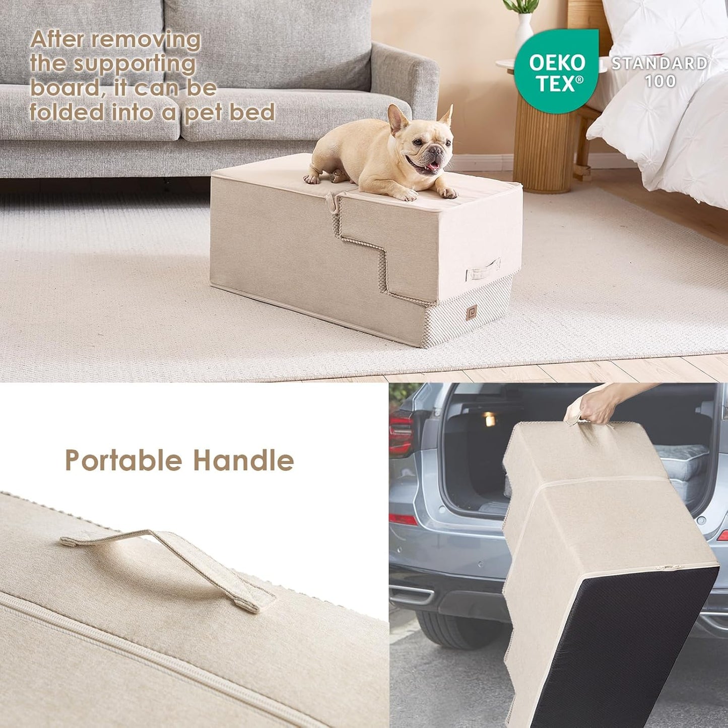 EHEYCIGA Dog Stairs for High Bed 22.5" H, 5-Step Dog Steps for Bed, Pet Steps for Small Dogs and Cats, Non-Slip Balanced Pet Ramp Indoor, Beige