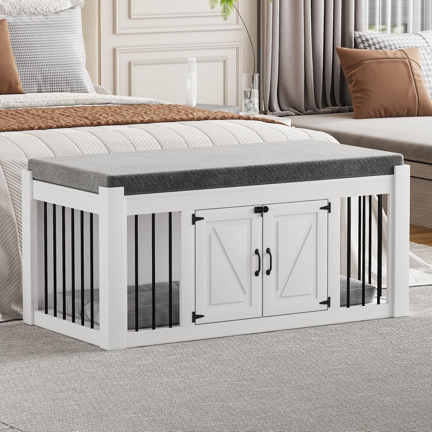 Dog Crate Furniture with Padded Seat, Luxury Wooden Dog Kennel, End of Bed Bench Ottoman with Removable Cushion for Bedroom, Living Roome, White