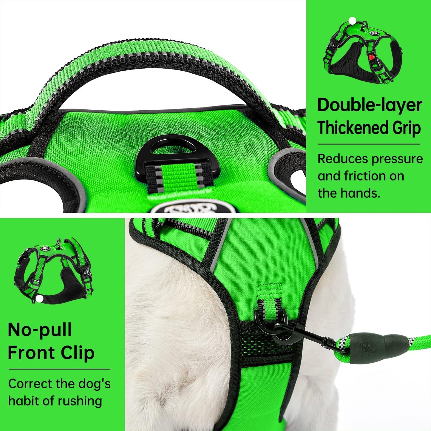 IVY&LANE No Pull Dog Harness for Small Dogs, Dog Vest Harness with Leash, Safety Belt and Storage Strap, Fully Adjustable Harness, 360° Reflective Strip, Soft Handle (Green,S)