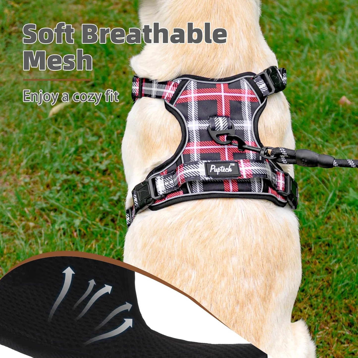 PUPTECK No Pull Dog Harness for Large, Adjustable Reflective Dog Harness with Handle Easy Control, Comfortable Soft Padded Pet Vest Harness for Large Dogs, Plaid Black XL