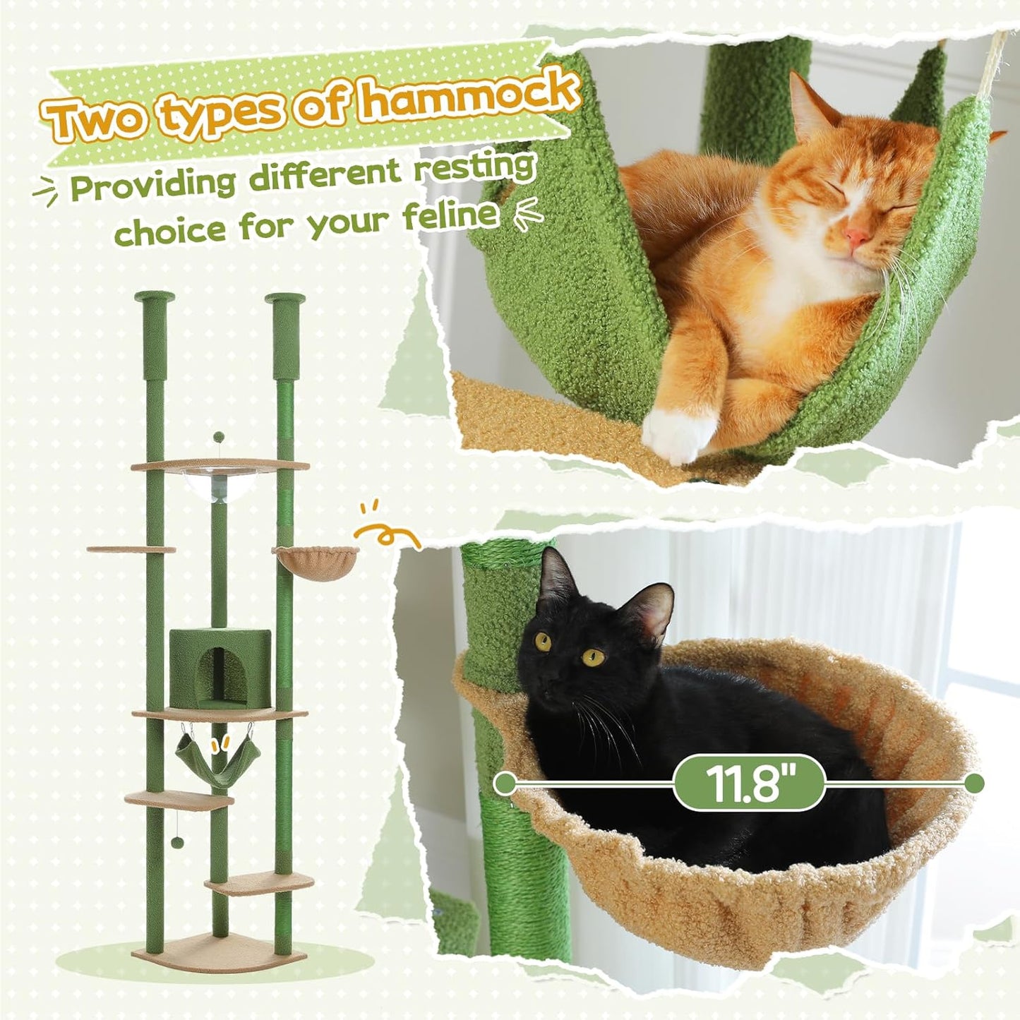 PEQULTI Floor to Ceiling Cat Tree 92.9’’-101.6’’ Height Adjustable Cat Tower Tall Kitty Climbing Play House with Scratching Posts, Cozy Condo, Perches and Large Hammock for Indoor Cats Green