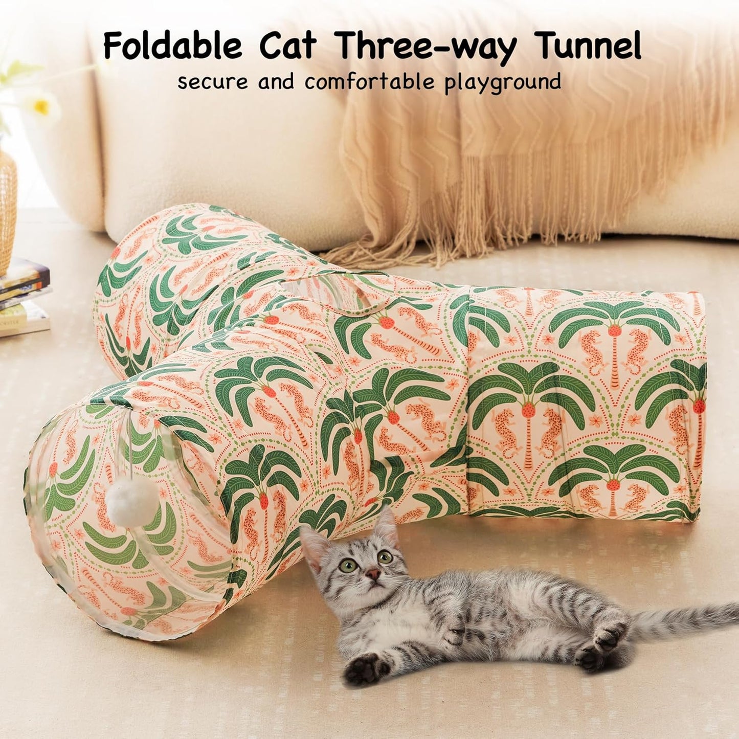 Tempcore Pet Cat Tunnel Tube Cat Toys 3 Way Collapsible, Cat Tunnels for Indoor Cats，Kitty Tunnel Bored Pet Toys Peek Hole Toy Ball Puppy, Kitty, Kitten, Rabbit Khaki Coconut Tree