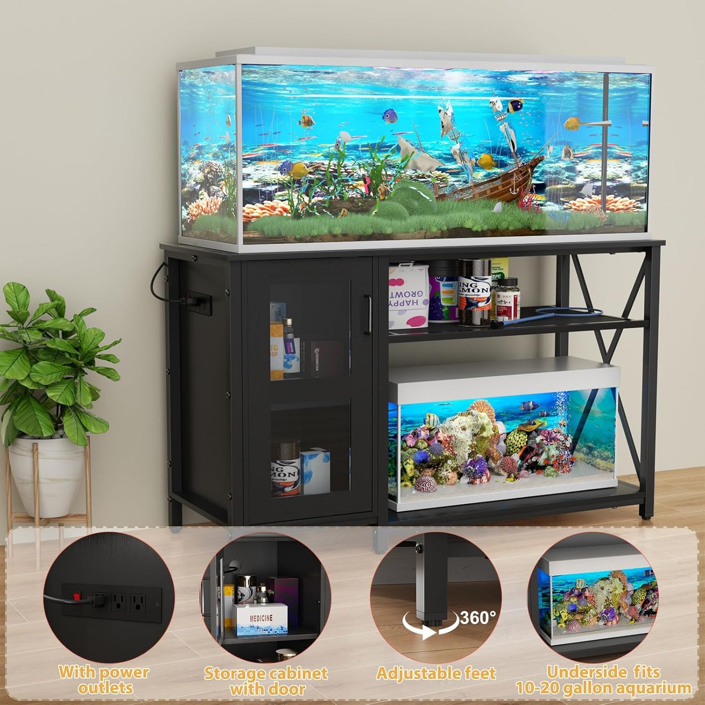 55-75 Gallon Fish Tank Stand , Aquarium Stand with Cabinet & Power Outlets for Fish Tank Accessories Storage, Heavy Duty Metal Terrarium Stand, 52" L*19" W Tabletop, 1200LBS Capacity, Black