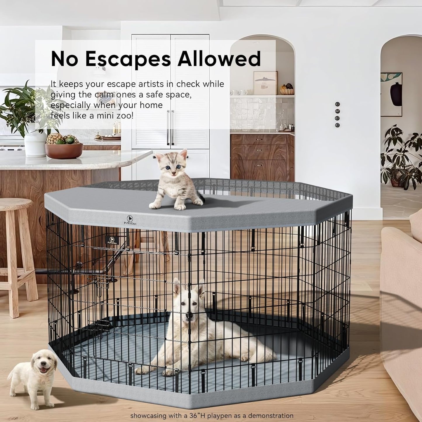 PJYuCien Dog Playpen, 8 Panels 30”H Dog Playpen Indoor with Grey Bottom Pad and Top Cover, Metal Foldable Dog Pen for Indoor Use, Better for Small Medium Animals, Grey