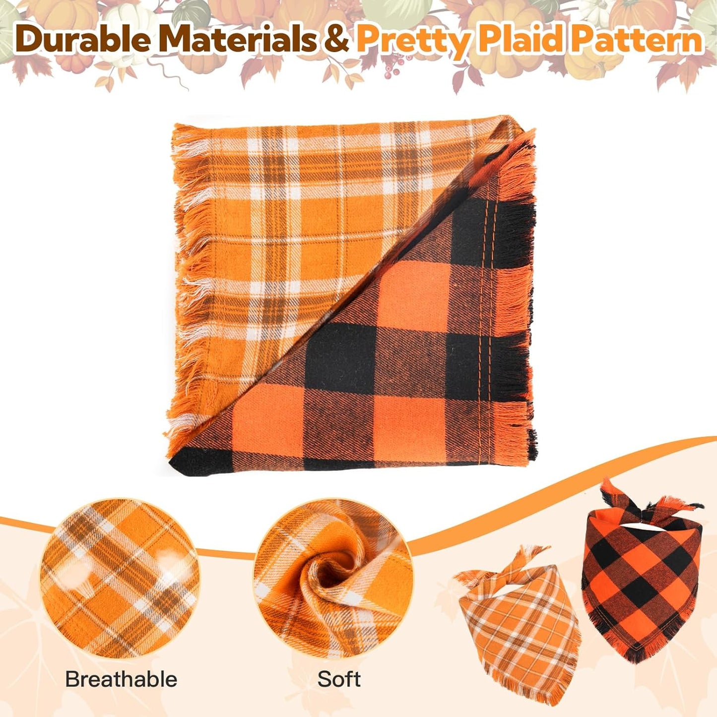 Kytely Fall Dog Bandana, 2Pack Halloween Dog Bandanas, Thanksgiving Classic Plaid Pet Scarf with Tassels Edges for Boy and Girl, Pet Apparel & Accessories Costume for Medium Large Dogs