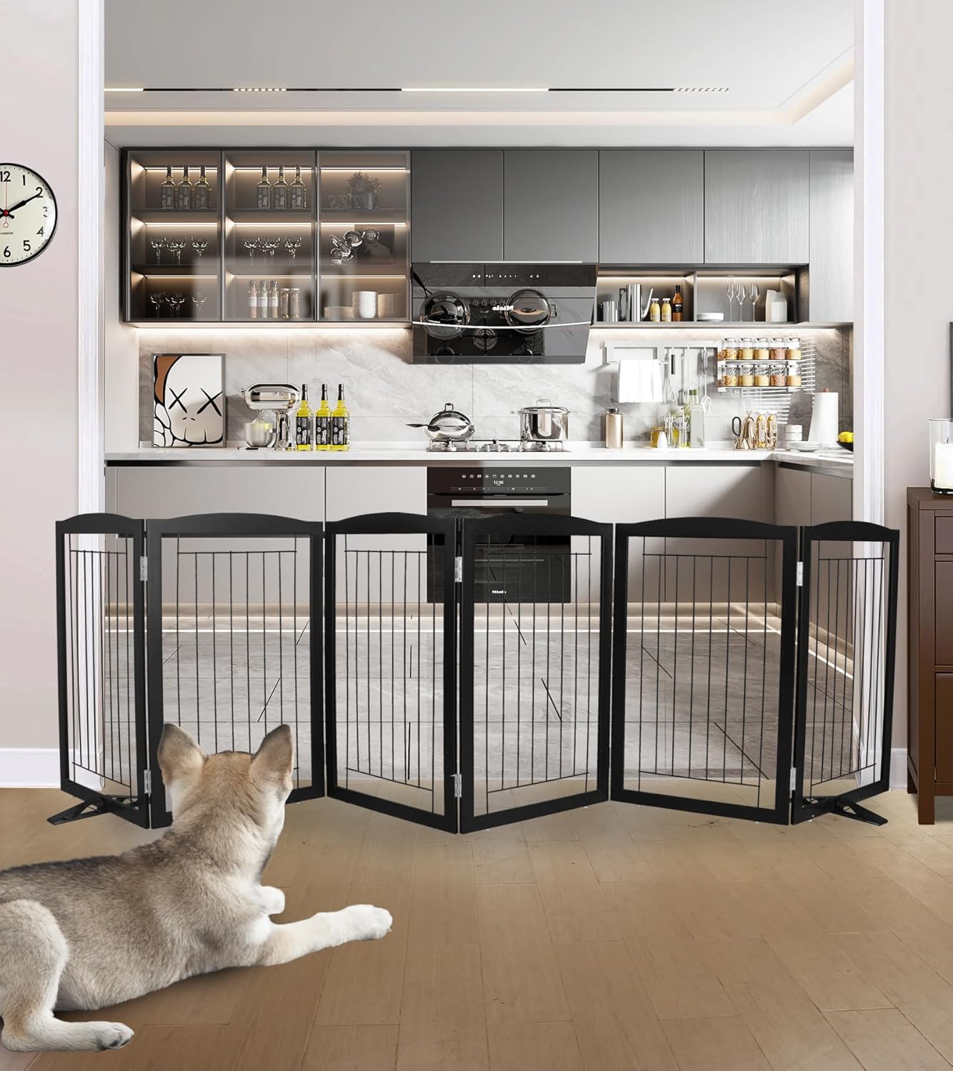 ZJSF Freestanding Dog Fence Indoor, Foldable Dog Gate for Doorways, Stairs or Hallways, Sturdy Wood Extra Wide Pet Gate with Support Feet for The House, Black, 32 "Height-6 Panels