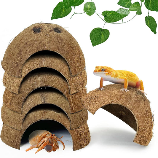 Hamiledyi 7 Pcs Reptile Hideouts Natural Coconut Shells Hut Leopard Gecko Tank Accessories for Hermit Crab Small Snake Tarantulas Lizard Chameleon Small Animal Hide Cave (with Fiber)