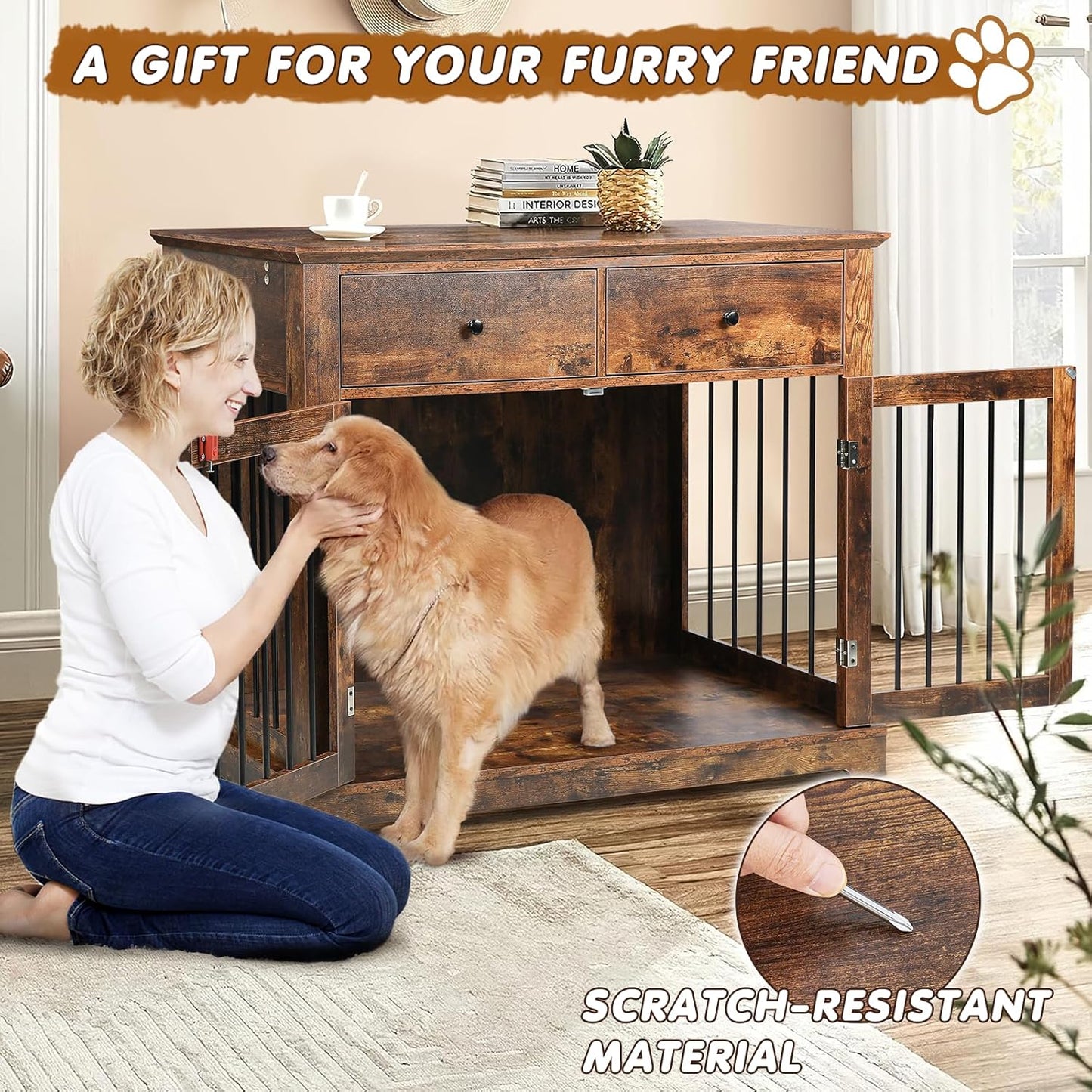 PUKAMI 44inch Dog Crate Furniture with Drawers,Wooden Dog Kennel Furniture for Large Breed,End Table Wood Dog House for Indoor use (Grey)