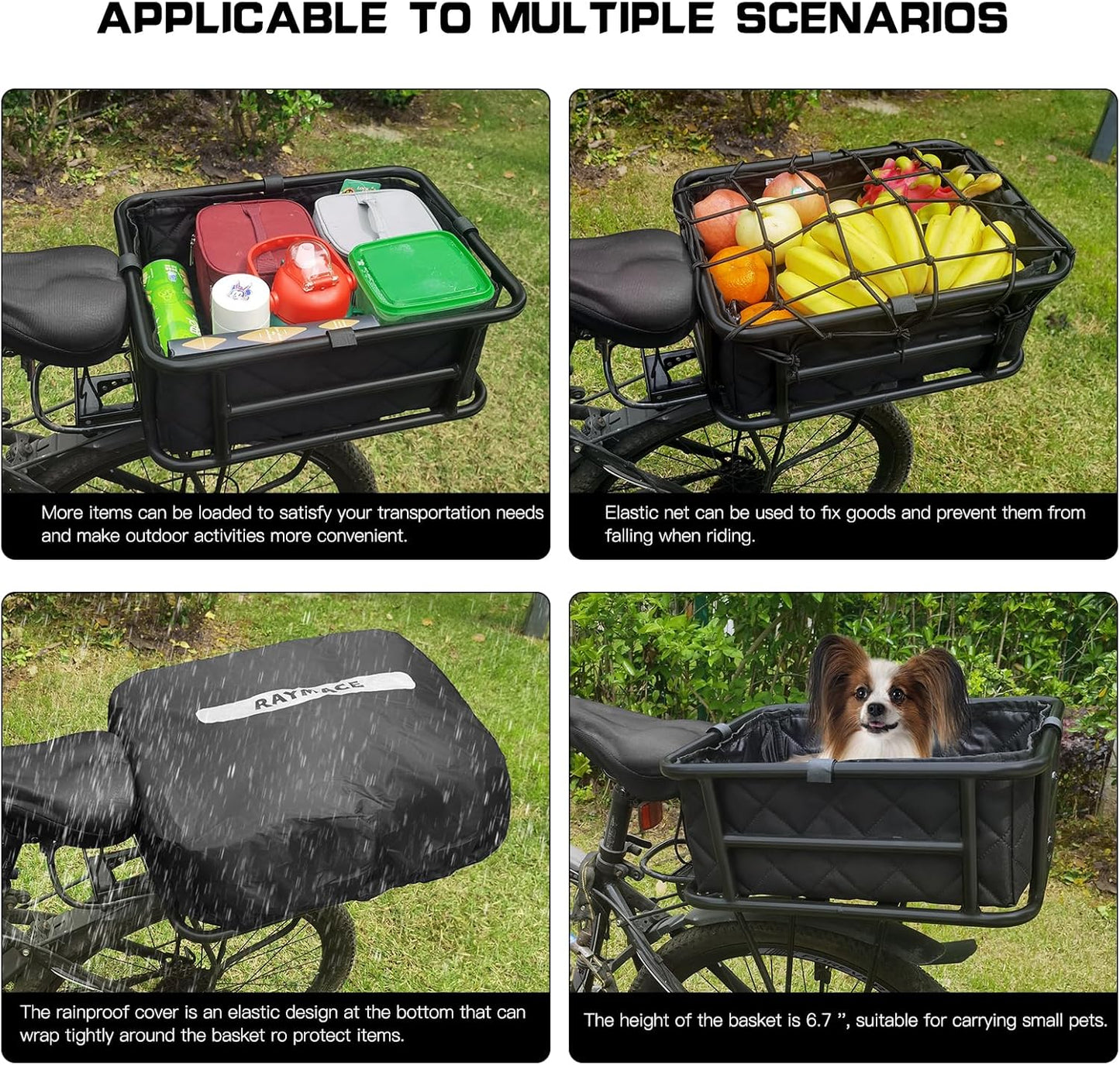 RAYMACE Rear Rack Bike Basket with Cargo Net and Liner Large Bicycle Basket Perfect Mount for Electric Bike