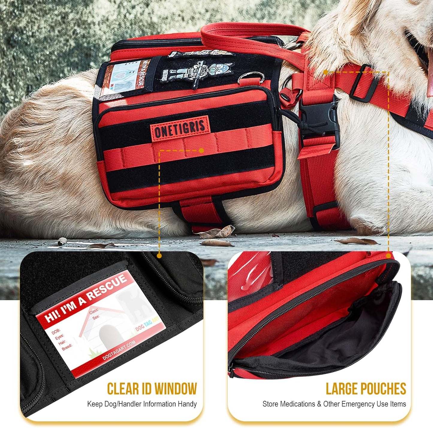 OneTigris Service Dog Vest Harness, Service Dog Cape Guardian Dog Backpack Harness with Pouches Dog Saddle Bag for Small Medium and Large Dogs (Red, M)