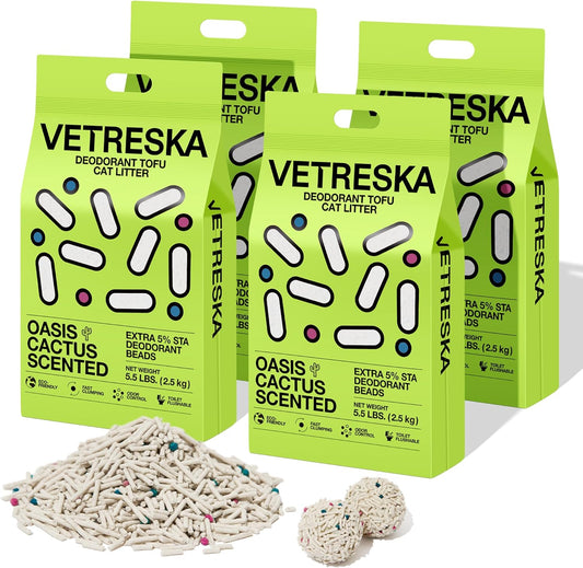 VETRESKA Tofu Cat Litter, Natural Strong Clumping Flushable Litter Pellets, Ultra Water Absorbent Deodorant Tofu Litter, Dust-Free Low Tracking Cat Litter, Cactus(5.5lb×4bags)