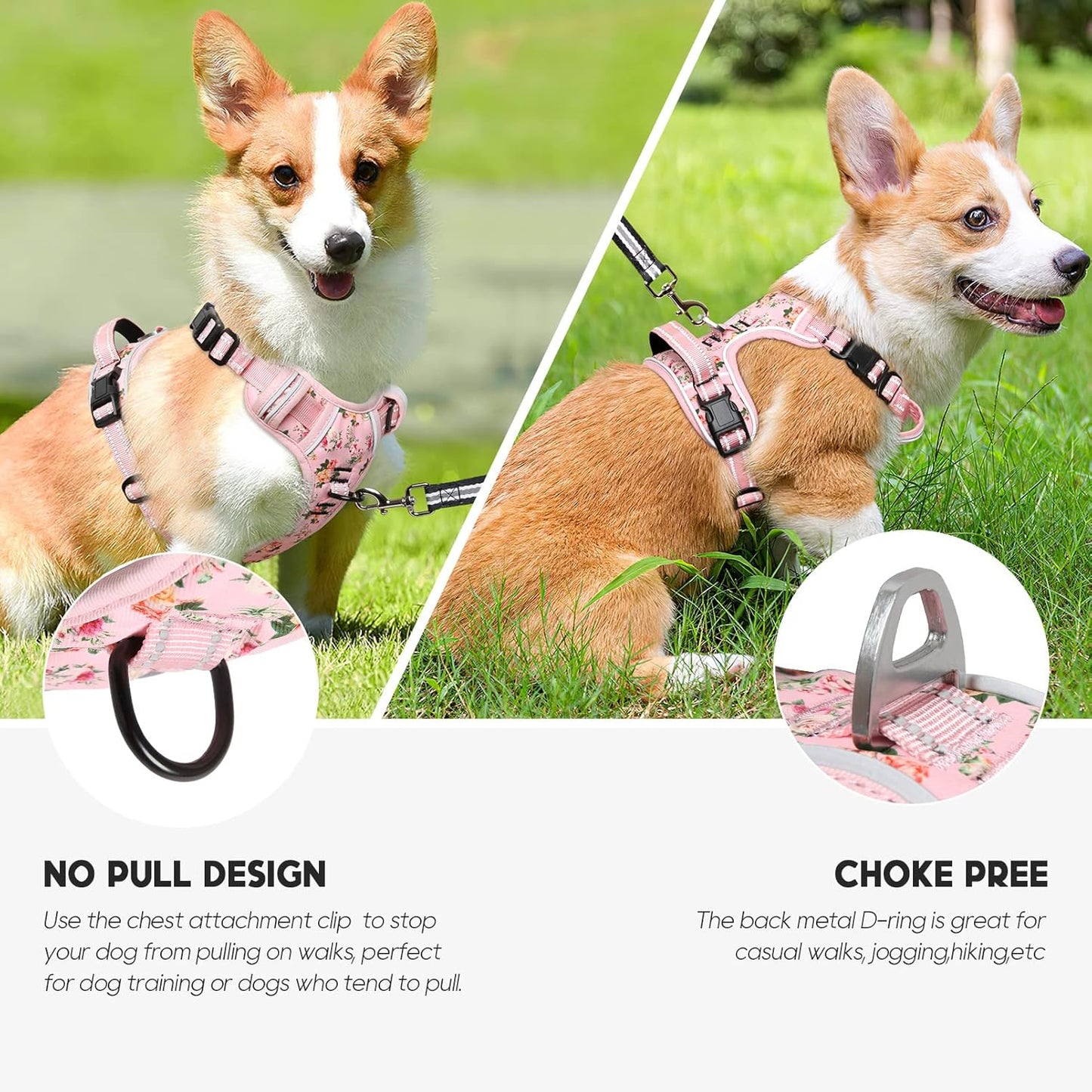 Timos No Pull Dog Harness,NO Need Go Over Dogs Head 3 Snap Buckles Reflective Oxford No Choke Harness with Front & Back 2 Metal Leash Clips Soft Padded for Small Medium Large Dogs Pink S