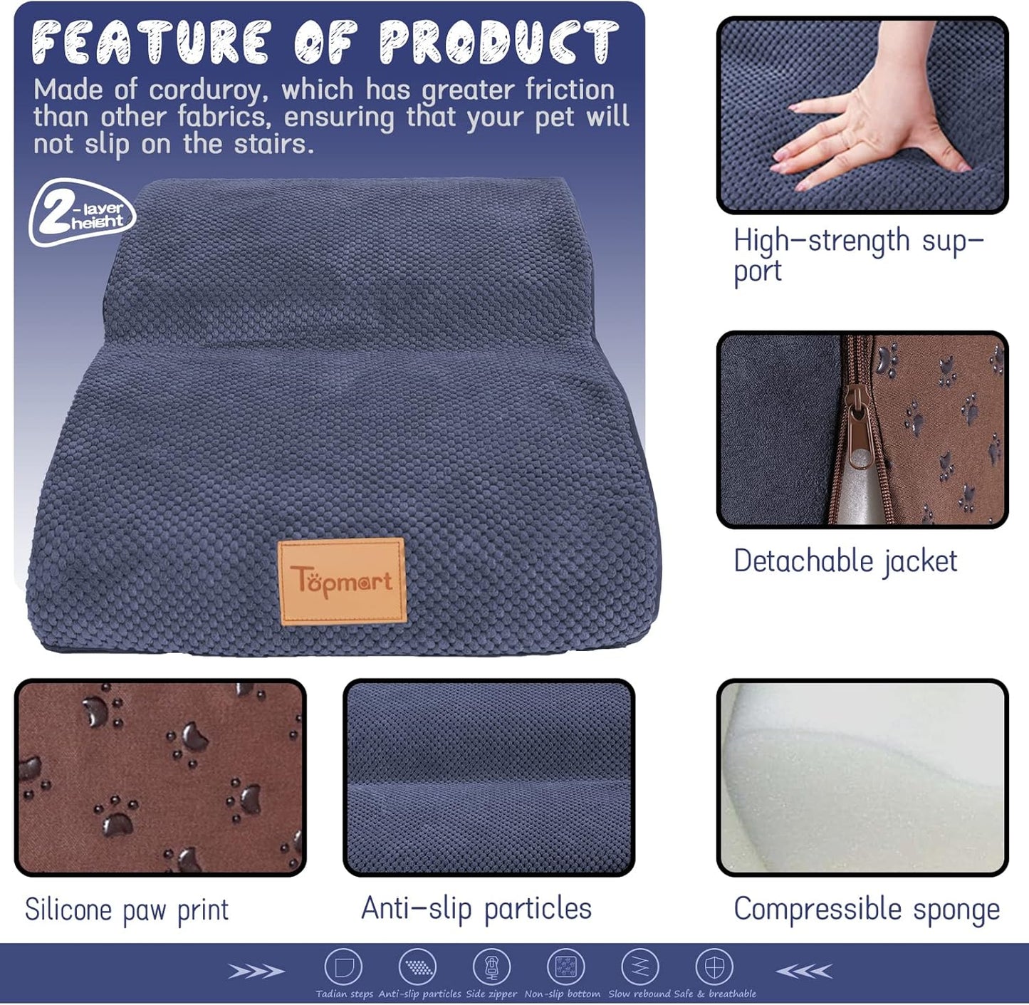 Topmart High Density Extended Foam Dog Ramp&Steps 2 Tiers,11.8" High,Non-Slip Dog Stairs,Soft Foam Pet Ladder with Waterproof Cover,Best for Injured,Older Cats,Pets with Joint Pain