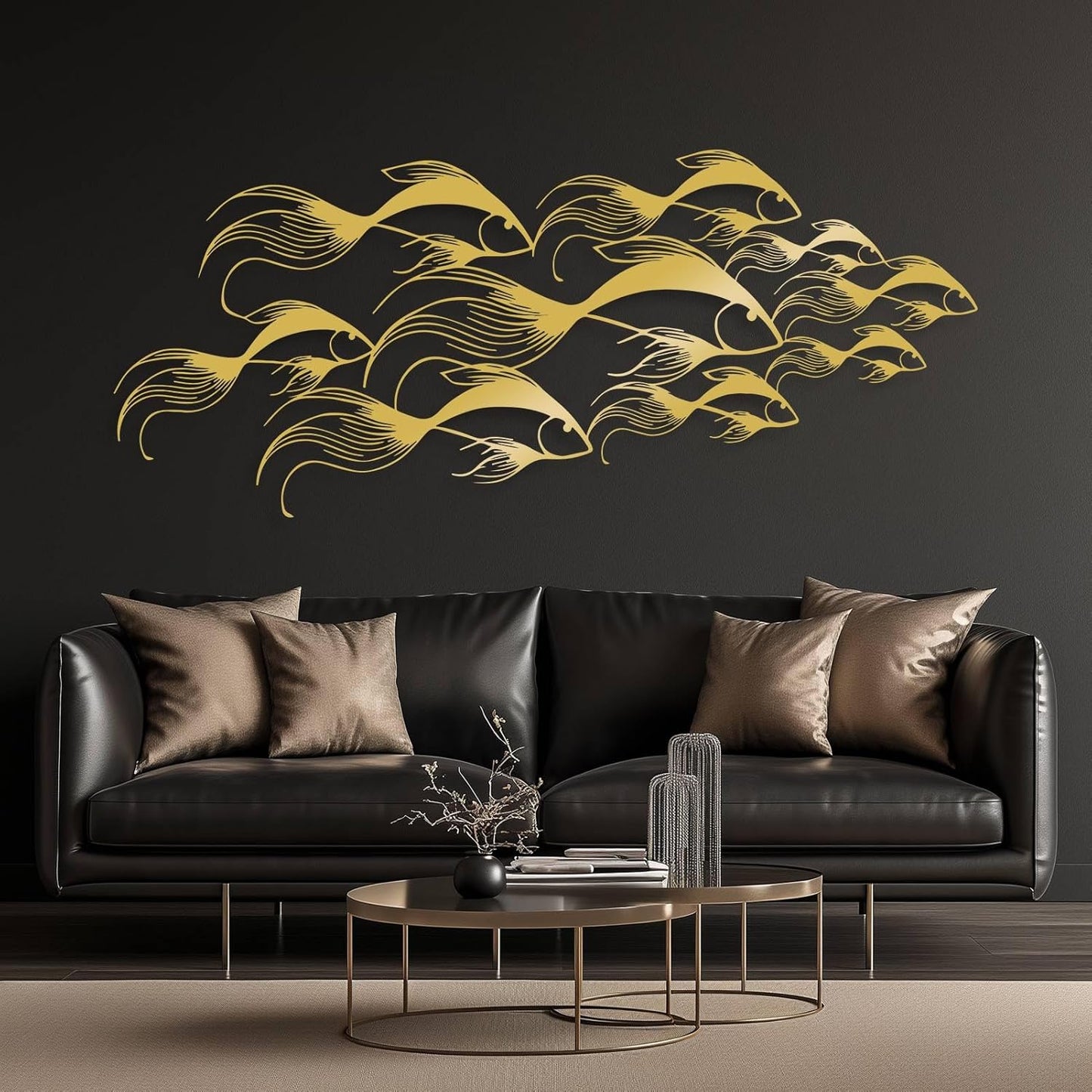 School of Fish Metal Wall Art, Metal Fish Wall Decor, Sea Life Wall Art, Large Nautical Wall Hanging, Modern Beach House Wall Decor, Ocean Themed Artwork for Bathroom (Black, 59"x25" | 150x64cm)