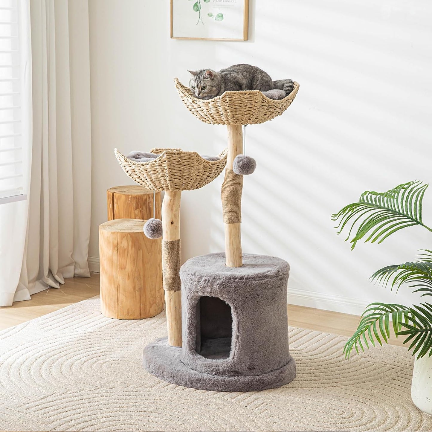 Cat Tree Tower, 46 inch Modern Cat Tree for Indoor Cats Large Adult, Luxury Cat Condo with Scratching Post, Real Solid Wood Branch Indoor Boho Furniture, Climbing Tower, Gray