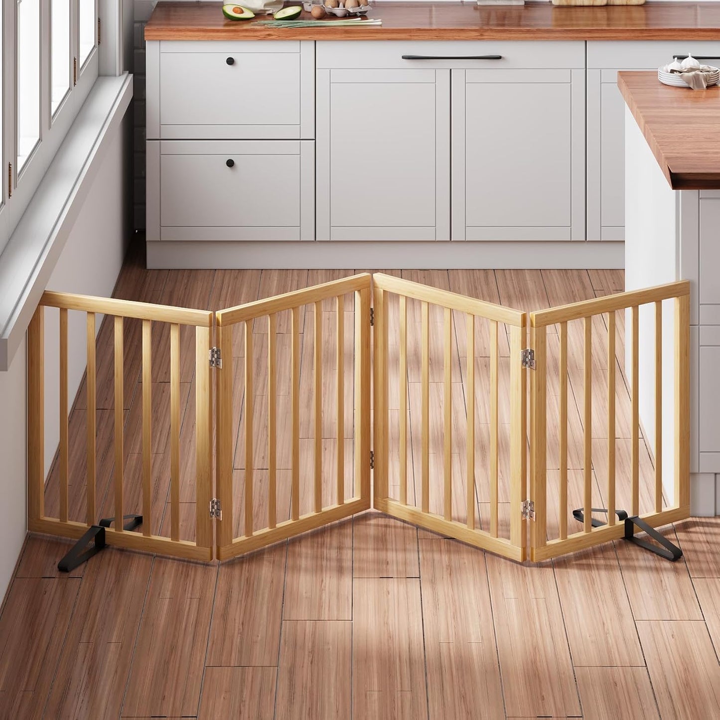 Natural 37-74" Wide Dog Gate for Stair, Bamboo Dog Gates for The House Doorways, Freestanding Pet Gates for Dogs, Doogie Puppy Fence Gate