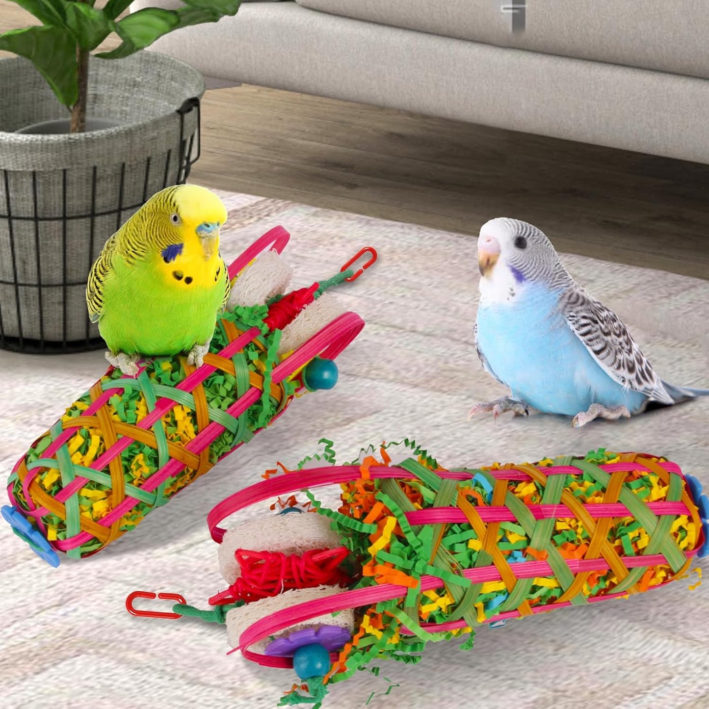 Kyouki Parakeets Toys, 2 PCS Bird Chewing Toys – Perfect for Cockatoos, Conures, Love Birds, Small & Medium Parrots, Fun Foraging & Tearing Bird Cage Accessories (Seeking Food Basket)
