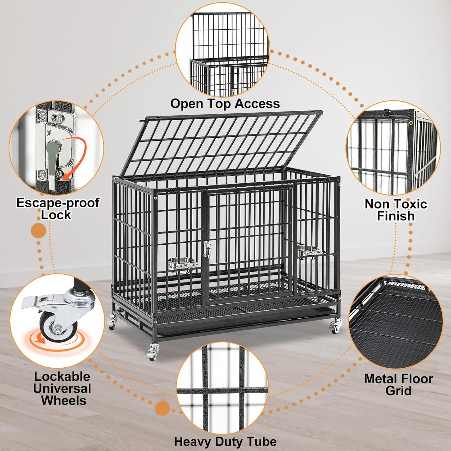 Homey Pet Two Levels 37 Inch Dog Crate, Escape Proof Dog Cage Kennel Indoor with Top Access and Lockable Wheels, Removable Tray, Heavy Duty Dog Crates for Medium/Small Dogs