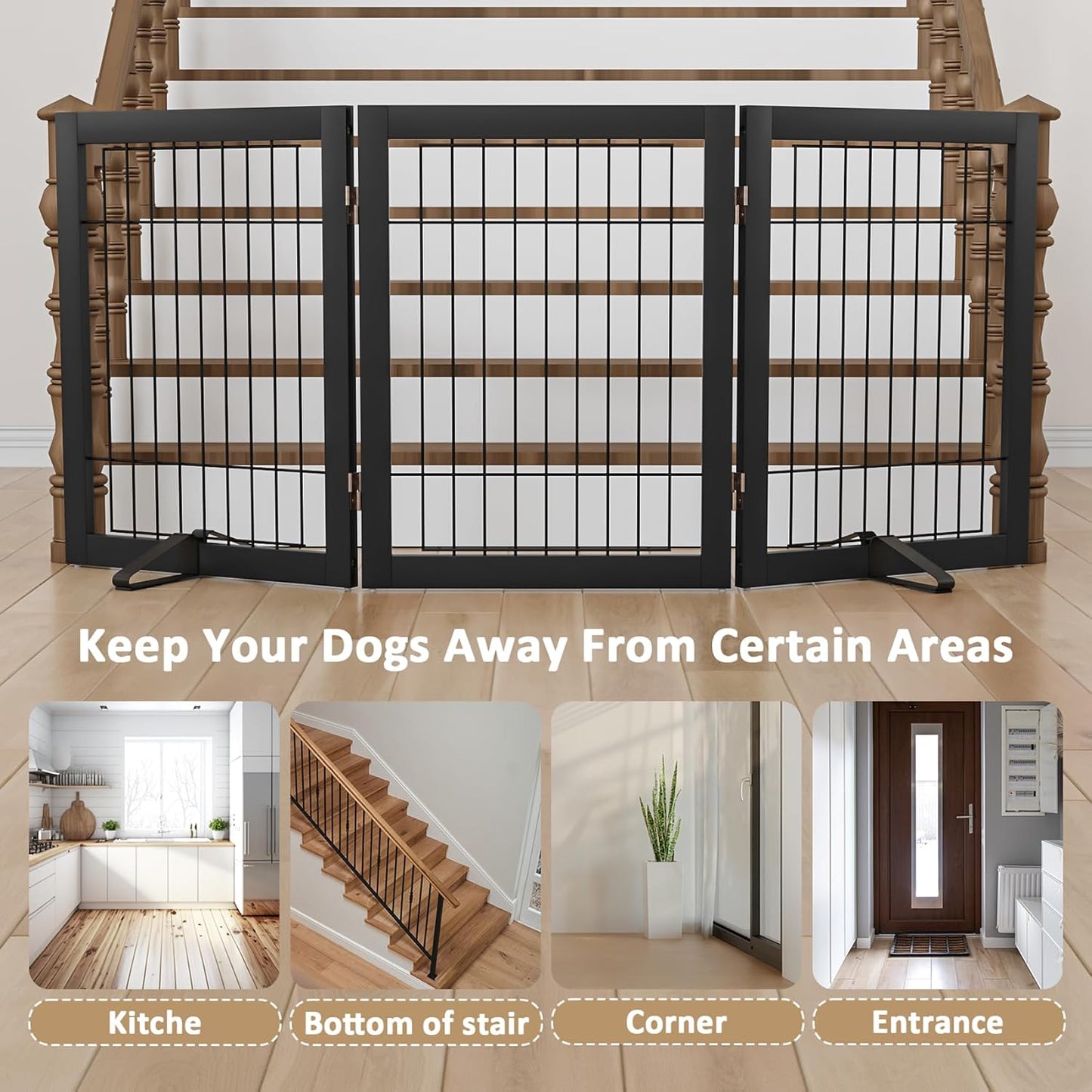 Wire Dog Gate Indoor, Dog Gates for Doorways, Stairs, 24-Inch Tall Freestanding Pet Gates for Dog, Puppy Fence (3 Panel, Black)