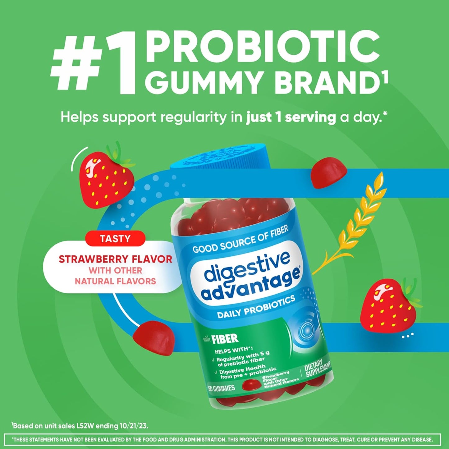 Digestive Advantage Prebiotic Fiber Gummies + Probiotics for Gut Health, 5g Prebiotic Fiber Plus 1 Billion CFU Probiotic, Supports Digestive Health & Regularity, (60ct Bottle) Strawberry Flavor*