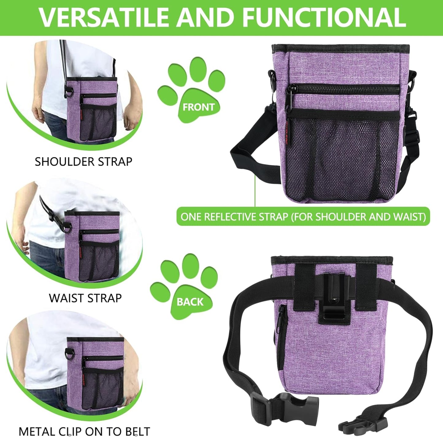 Dog Treat Pouches for Pet Training with Magnetic Closure Treat Pouches for Pet Training,Large Dog Treat Training Pouch and Dog Clicker,Training Treat Pouch Built-In Poop Bag Dispenser-Purple.