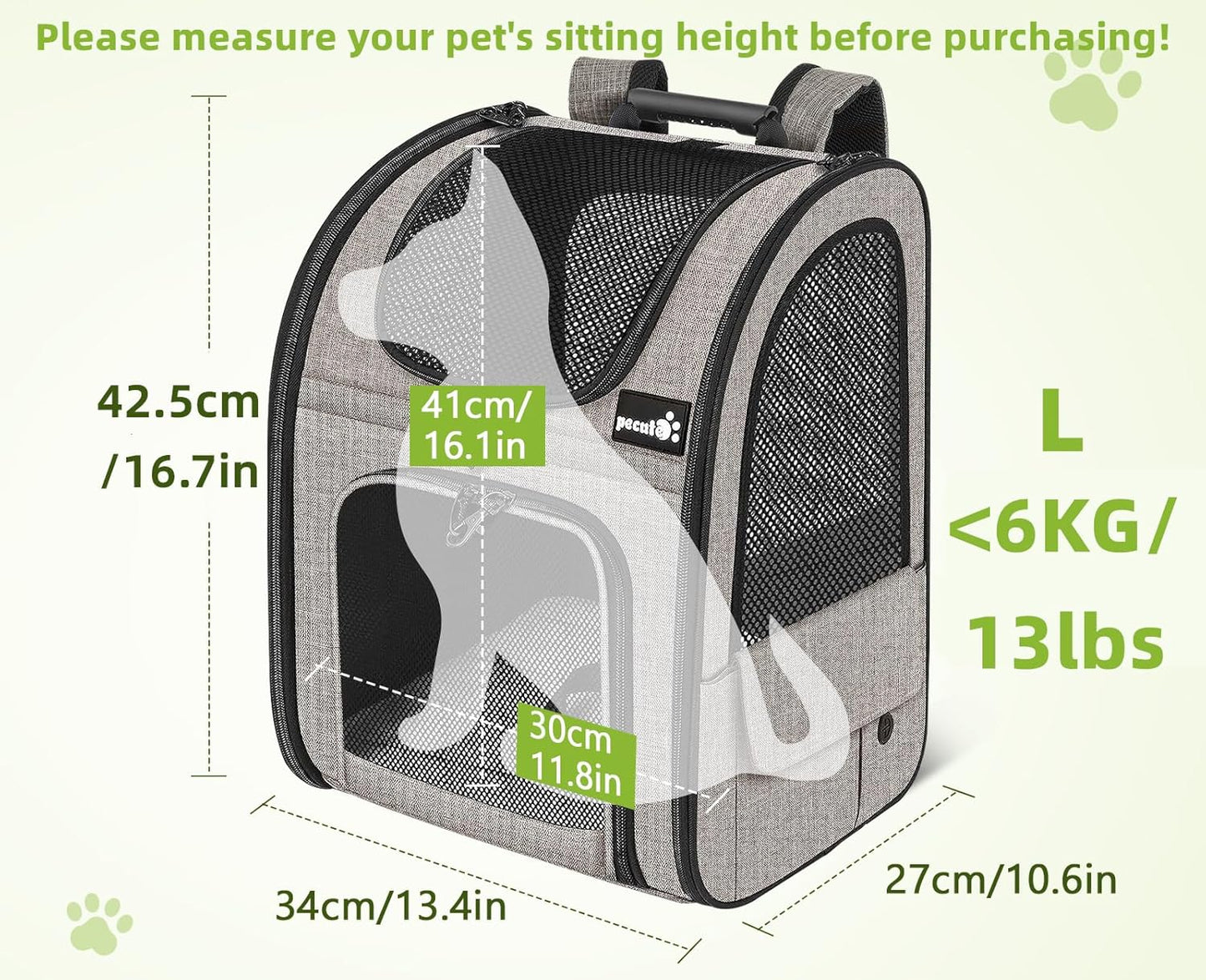 Pecute Pet Carrier Backpack, Dog Carrier Backpack, Expandable with Breathable Mesh for Small Dogs Cats Puppies, Pet Backpack Bag for Hiking Travel Camping Outdoor Hold Pets Up to 17 Lbs