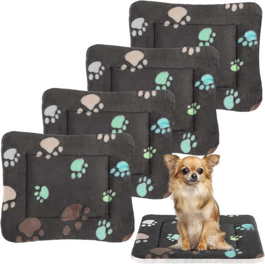 4 Pack Ultra Soft Dog Cat Bed Mat with Cute Prints Reversible Fleece Dog Crate Kennel Pad Cozy Washable Thickened Hamster Guinea Pig Pet Bed Mat for Small Animals(23 x 18 Inches,Black)
