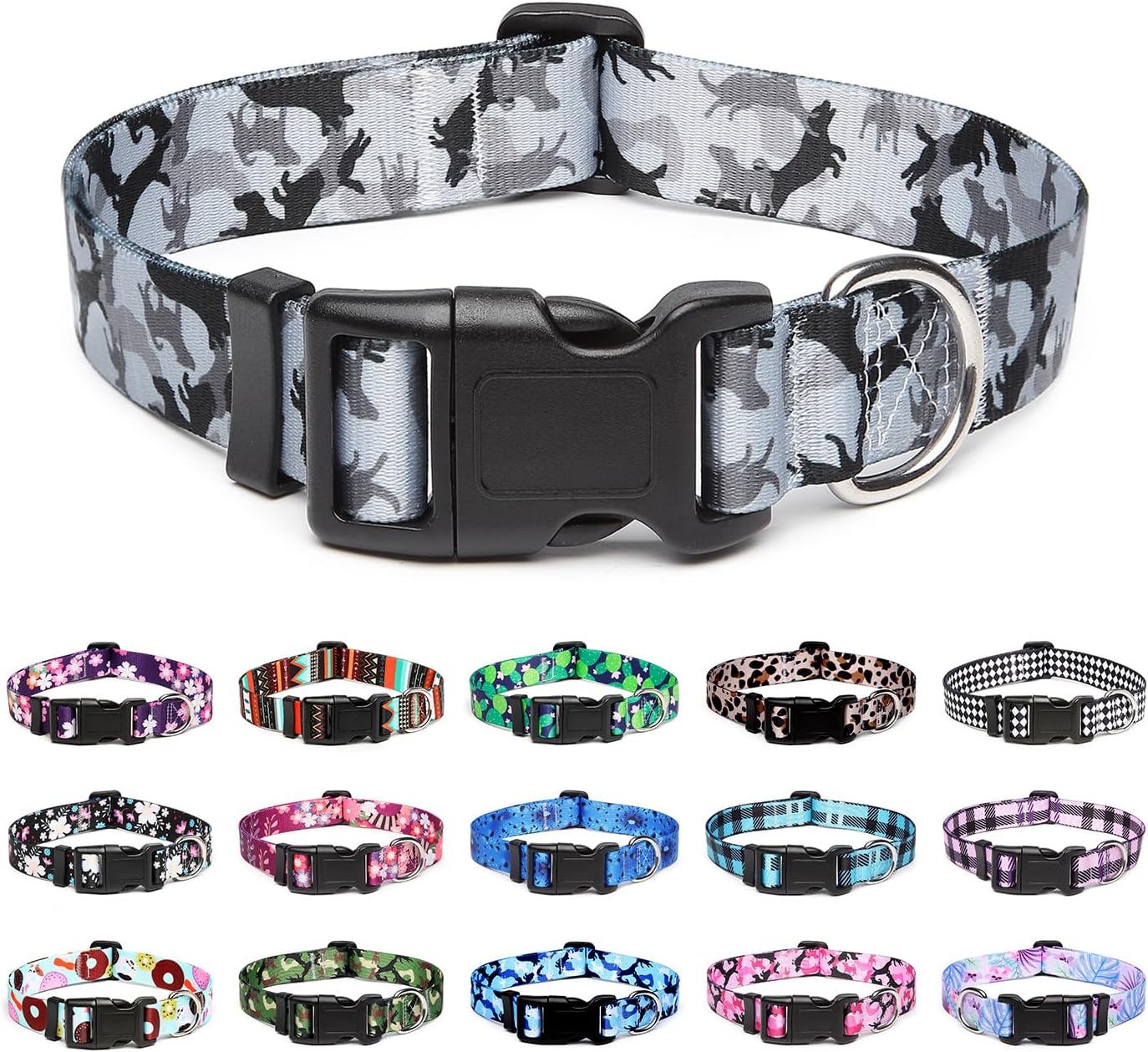 Mercano Adjustable Dog Collar - Special Design Patterns, Soft Nylon Comfortable Sturdy Pet Collar for Small Medium Large Dogs (M, Dog Camouflage Grey)