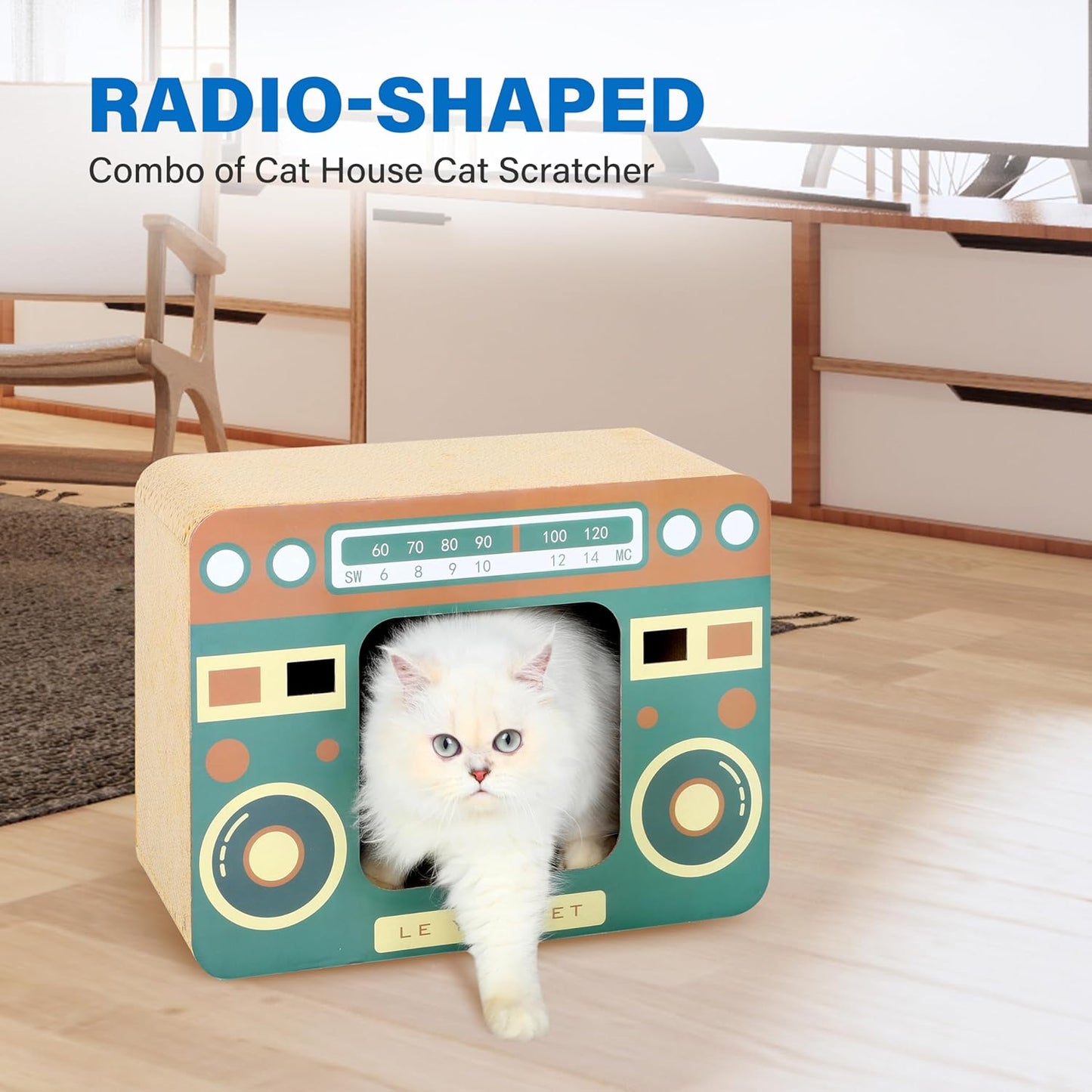 Radio Cat Scratcher Cardboard Lounge Bed - Durable Pads Prevent Furniture Damage - Cat Scratchers & Play House for Indoor Cats - Corrugated Scratcher Box Toy for Cat Birthday