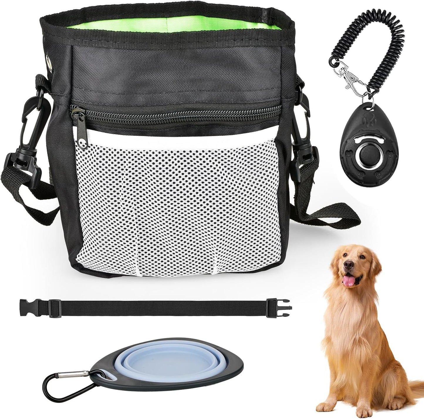 CONLI Dog Treat Pouch with Folding Bowl and Training Clicker, Treat Pouches for Pet Training Built-in Poop Bag Dispenser, Dog Training Treat Pouch for Pet Training Walking