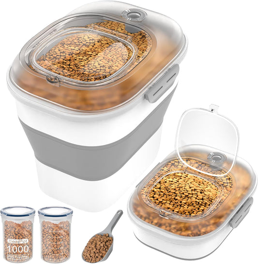32-35 Lbs Dog Food Storage Container,Collapsible Dog Food Container with Transparent Airtight Lid,Wheels,Date Track,Pet Food Storage Container for Rice,Flour,Sugar,Scoop And 2PCS Containers