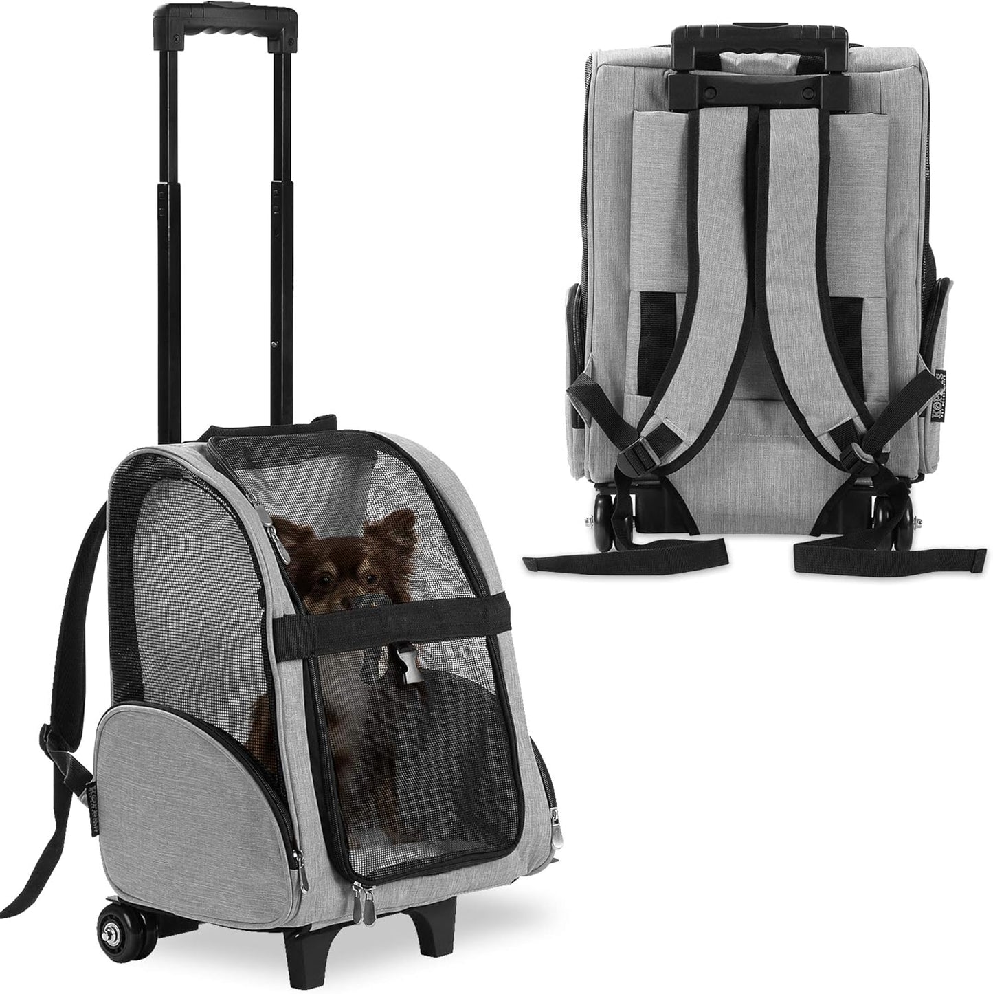 KOPEKS Deluxe Backpack Pet Travel Carrier with Double Wheels for Pets up to 10 Pounds - Black - Approved by Most Airlines