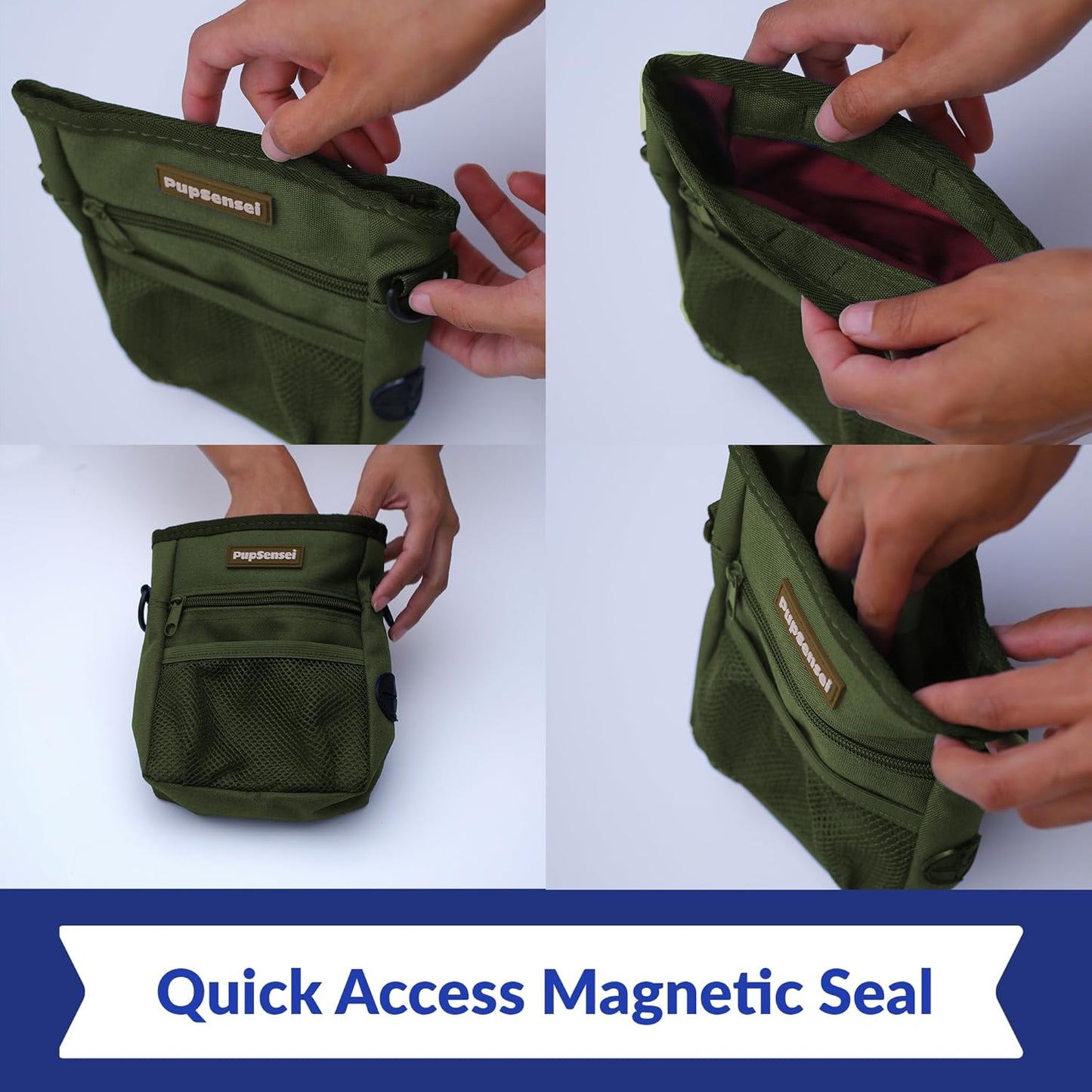 Dog Treat Pouch, Durable Oxford Polyester, No-Spill Magnetic Closure, Treat Pouches for Pet Training with Metal Clip, Waist Belt, Adjustable Strap, Poop Bag Dispenser (Army Green)