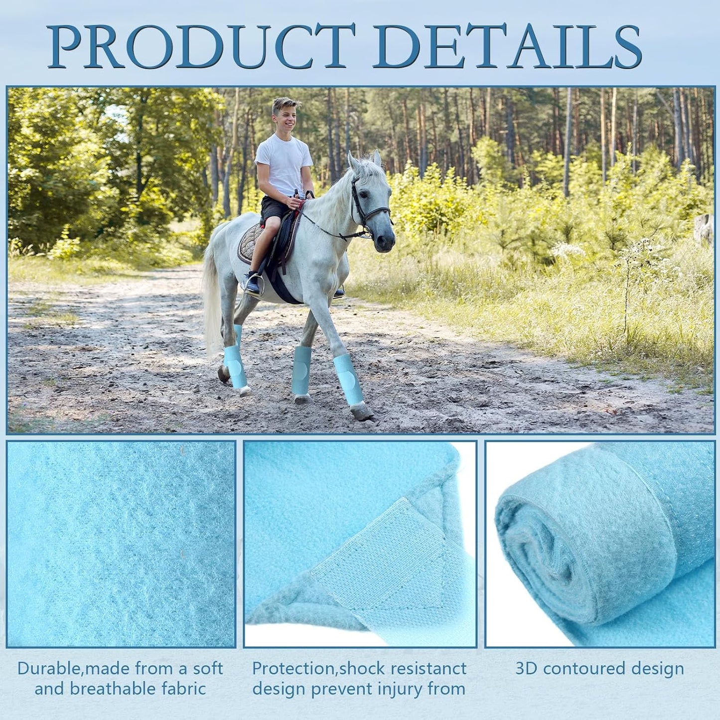 Set of 4 Horse No Bow Bandage 3D Contoured Standing Wrap Bandages Stable Nylon Horse Leg Wraps for Helping Prevent Horse from Tendon Damage and Keep Horses Clean and Safe(Light Blue)