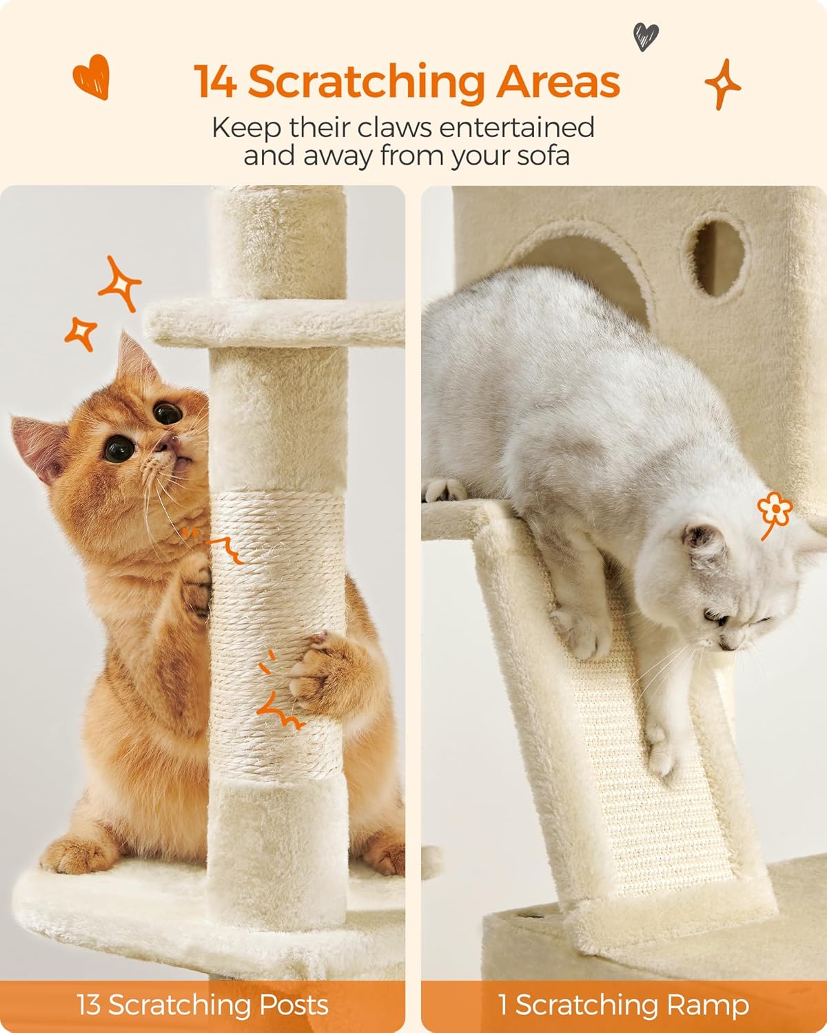 Feandrea Cat Tree, 81.1-Inch Large Cat Tower with 13 Scratching Posts, 2 Perches, 2 Caves, Basket, Hammock, Pompoms, Multi-Level Plush Cat Condo for Indoor Cats, Beige UPCT190M01