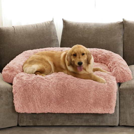 GGIB Calming Dog Bed Fluffy Plush Dog Mat for Furniture Protector with Removable Washable Cover for Large Medium Small Dogs and Cats (Extra Large (53x39.3x6), Pink)