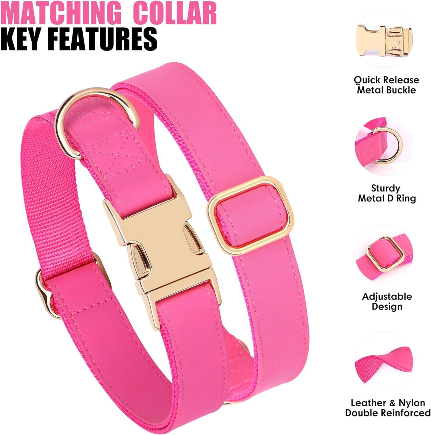 PET ARTIST Soft PU Leather Dog Collar, Bright & Stylish Hot Pink Dog Collar Girl with Quick Release Rose Metal Buckle, Nylon Padded Durable Pet Collars Adjustable for Large Dogs, Neck Fit 16-27"