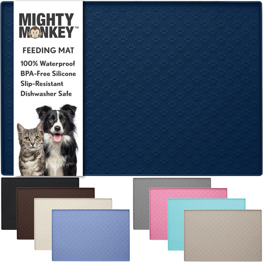 MIGHTY MONKEY 100% Waterproof Dog Food Mat, Raised Edges Silicone Pet Feeding Placemat for Cat, Dogs, Pet Bowls, High Lipped Tray Prevents Water Spills, Food on Floor, Dishwasher Safe, 24x16, Navy