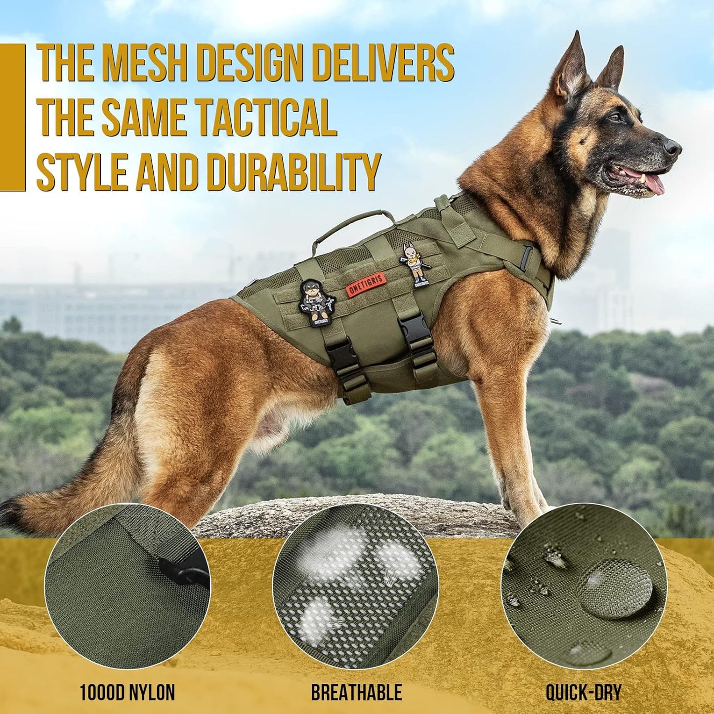 OneTigris Tactical Dog Harness for Small Dogs, Mesh Design Service Dog Vest Breathable Military Dogs Molle Vests with Handles, Harness for Walking Hiking Training