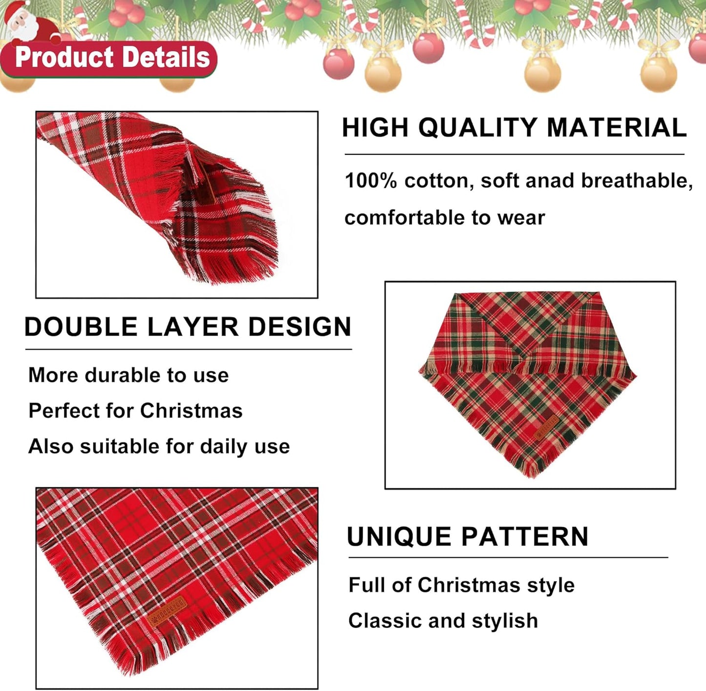 ADOGGYGO Christmas Dog Bandanas with Tassels Edges, Stylish Red Plaid Xmas Scarf, Multiple Sizes, Christmas Bandanas for Small Dogs (Small)