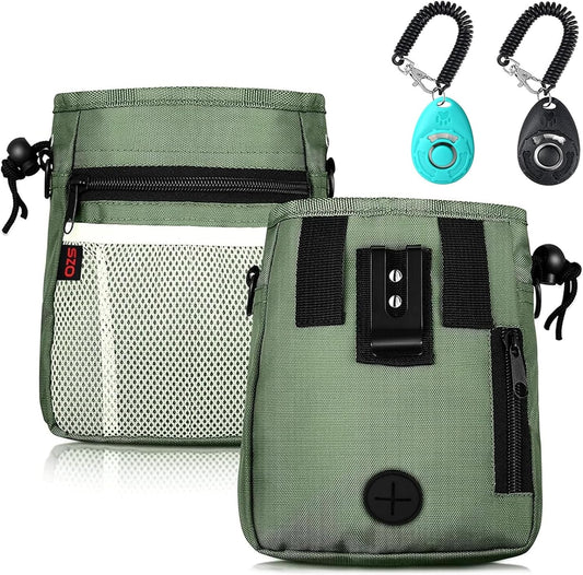 Dog Treat Pouch-3 Ways to Wear Treat Pouches for Pet Training and 2 Pieces Clicker Taining for Dogs,Dog Training Treat Pouch Bag and Dog Clicker for training with Waist Belt Shoulder Strap-Dark Green