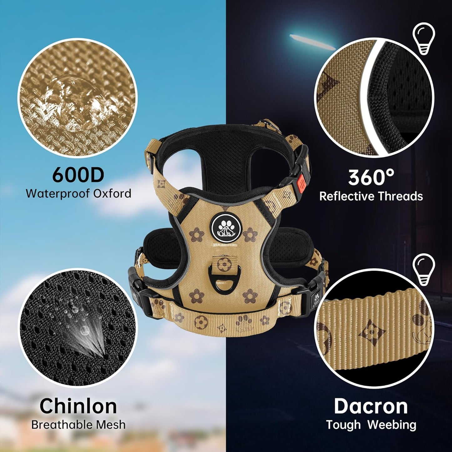 NESTROAD No Pull Dog Harness,Adjustable Oxford Dog Vest Harness with Leash,Reflective No-Choke Pet Harness with Easy Control Soft Handle for Medium Dogs(Medium,Light Brown)