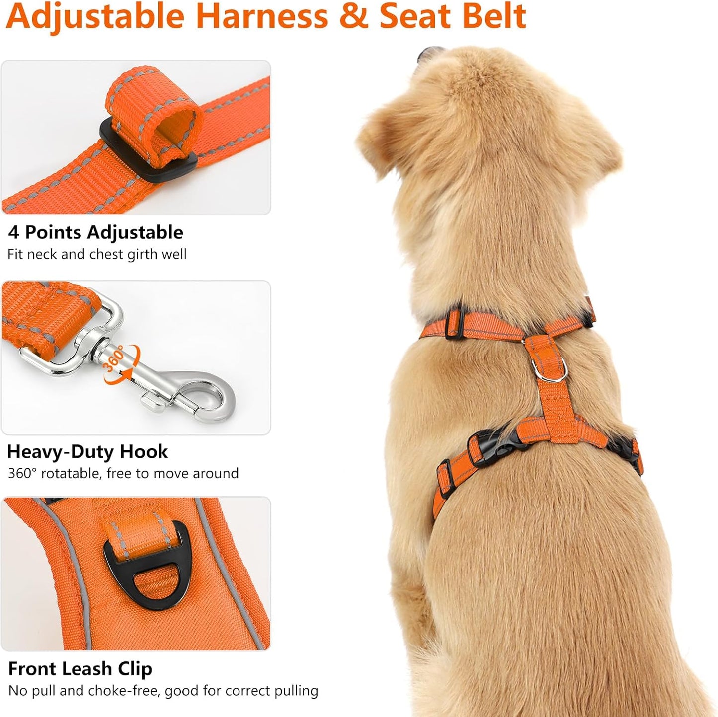 Dog Seat Belt Harness for Car, Dog Car Harness Adjustable Mesh Breathable & Dogs Seatbelt Safety Tether with Elastic Bungee for Small Medium Large Pets(Orange, XL)