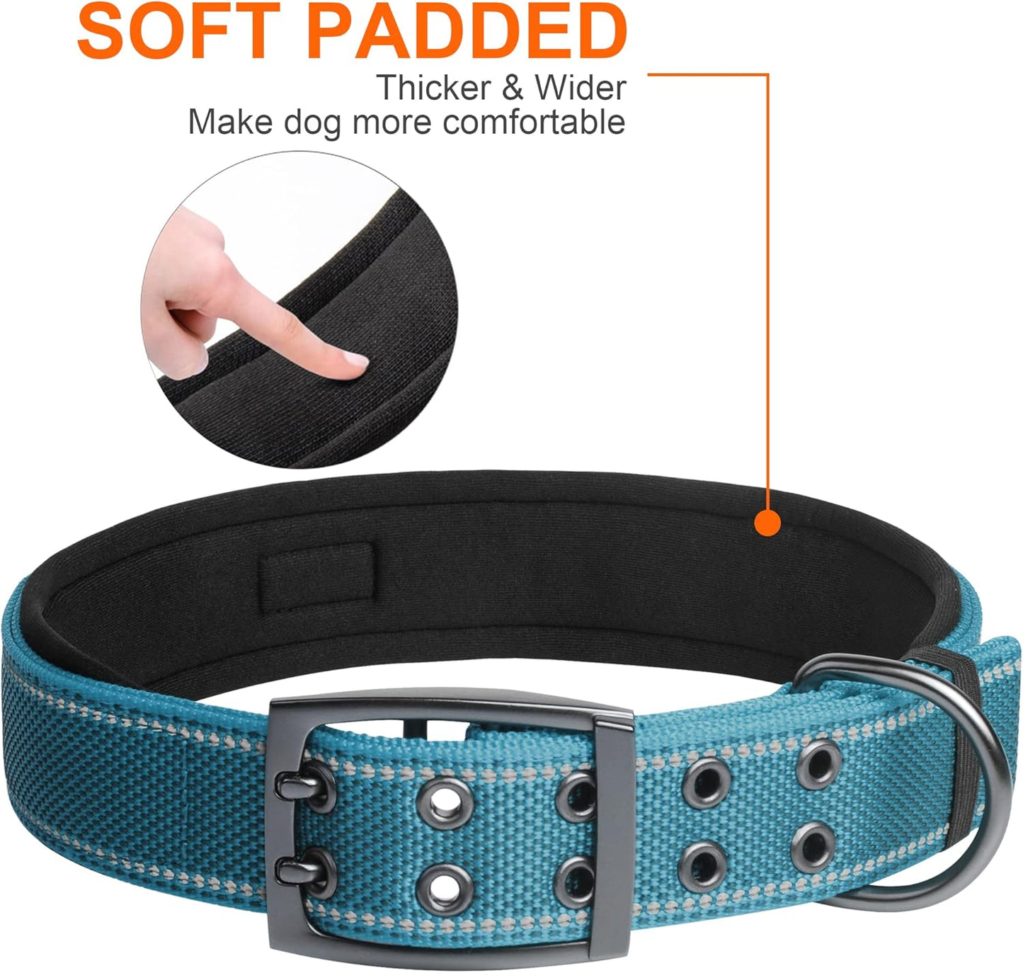 Fida Heavy Duty Dog Collar 1.5” Width, Ultra Soft Neoprene Padded, Adjustable Reflective Nylon Pet Collar with Two Metal Pin Belt Buckle for Extra-Large Breeds (XL, Blue)