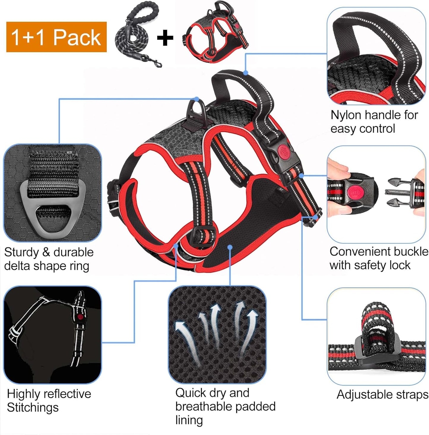 No Pull Harness Adjustable Reflective Oxford Easy Control Medium Large Dogs with A Free Heavy Duty 5ft Leash Black/Red Harness+Leash (E-DH F 004)