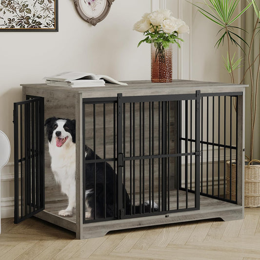 XL Large Dog Crate Furniture, 44.1" Indoor Dog Kennel Furniture with Barn Door, Wooden Tall Dog Crate, Heavy Duty Dog Cage for Large Dogs, Side End Table, Anti-Chew, Greige Black DFC80105B