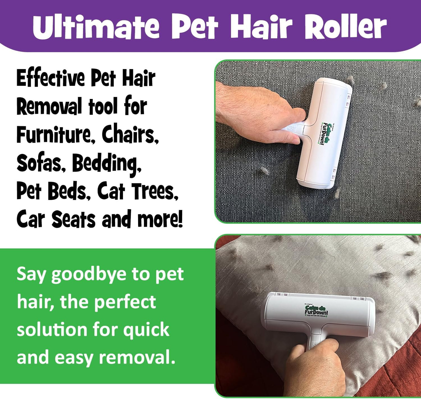 Calm Da Fur Down Pet Hair Remover Reusable Roller - Portable Effective Dog & Cat Hair Remover- Pet Lint Roller Extra Sticky for Couch, Cat Trees, Dog beds, Carpet, Bedding, Car, Home Fur Removal Tool