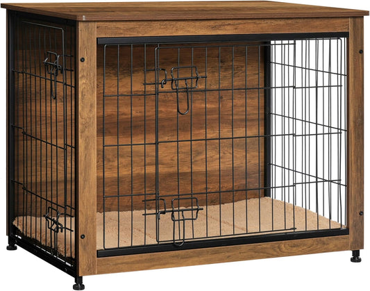 DWANTON Dog Crate Furniture with Cushion, Wooden Kennel Table with Double Doors, Indoor Dog House, Medium Size, 32.5" L, Warm Brown