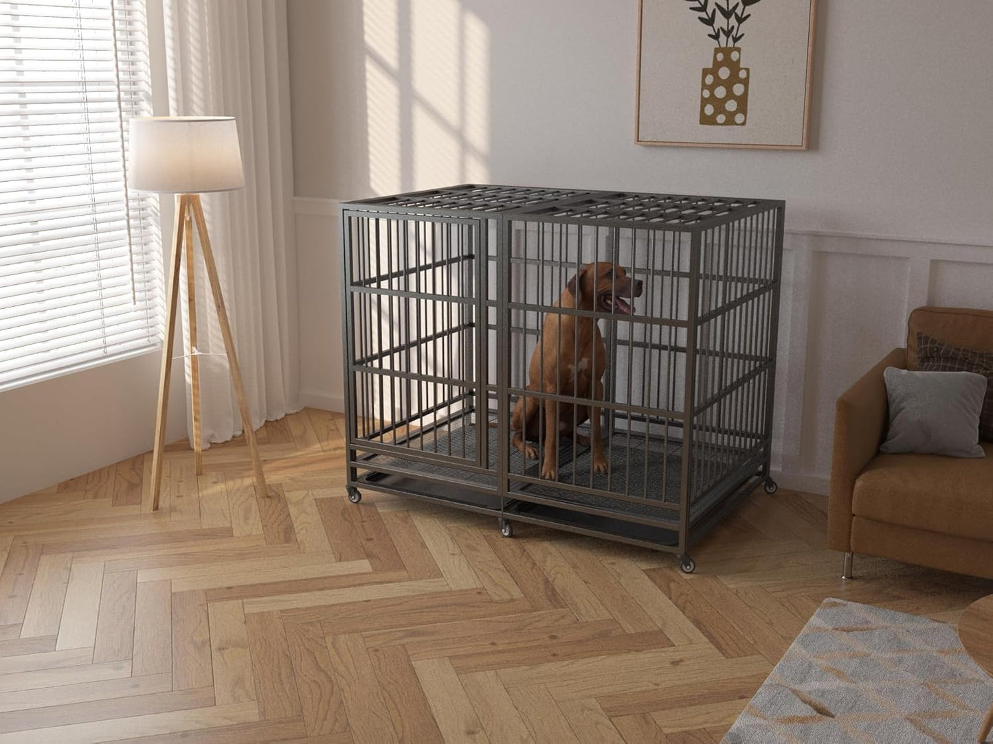 54/48/42/38 Inch Heavy Duty Dog Crate Cage with Wheels, Indestructible and Escape Proof Steel Kennel Indoor for High Anxiety Dogs with Sturdy Locks, Double Door and Tray, Extra Large XL XXL